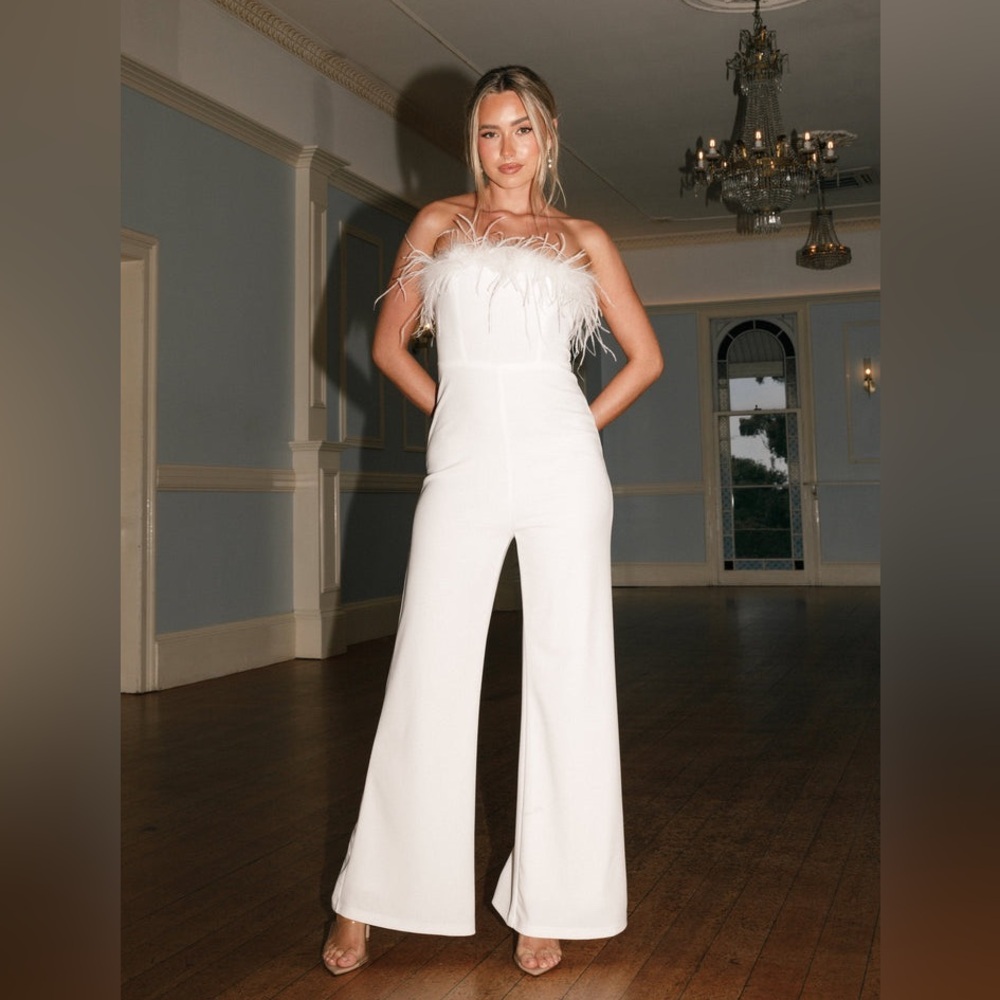 Petal & Pup White Strapless Feather Bust Jumpsuit